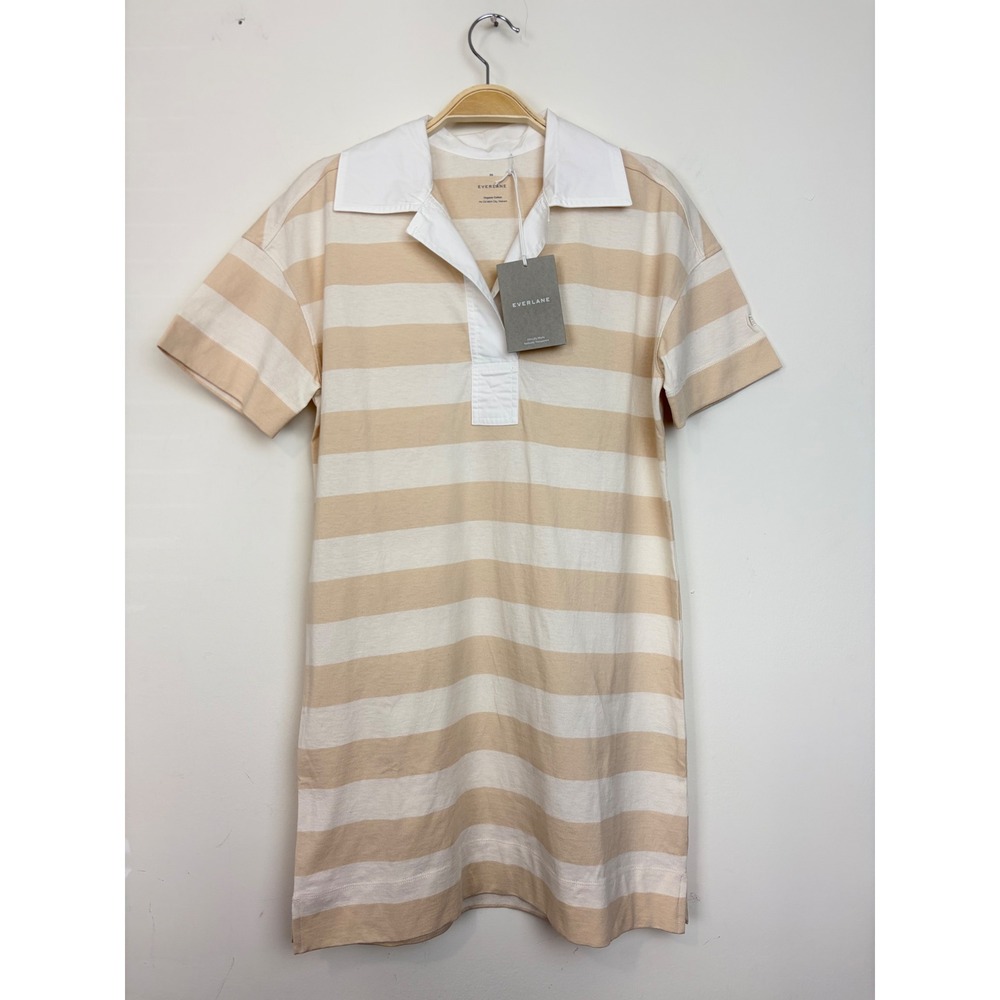 Everlane Womens Organic Cotton Striped Polo Dress Sz XS Beech Bone Preppy Casual